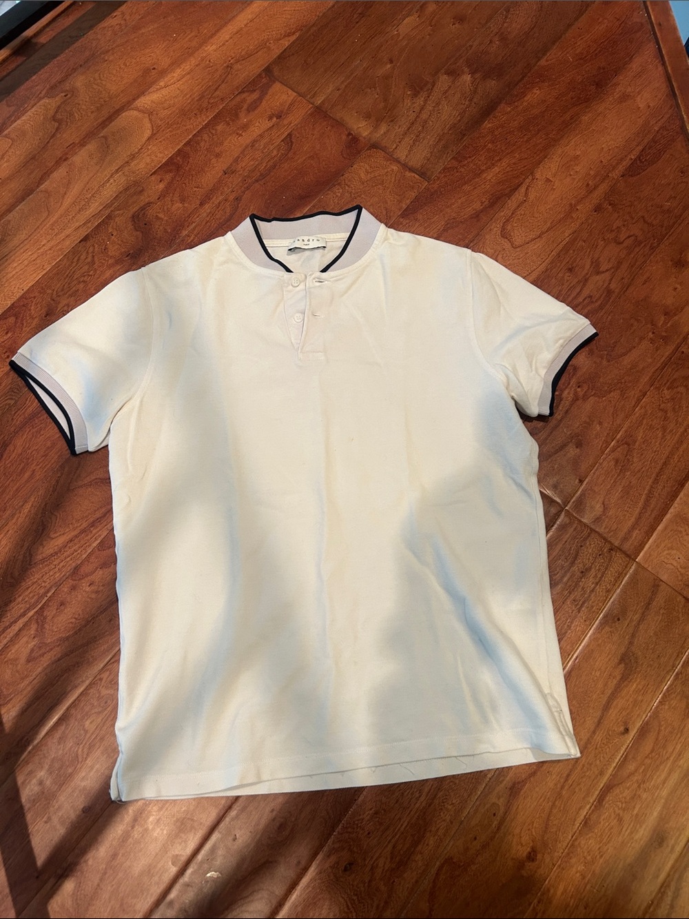 Sandro White Cotton Polo Shirt Navy Trim Size Small